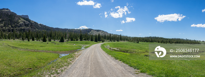 Gravel road bends through a huge green mountain meadow in the American west.