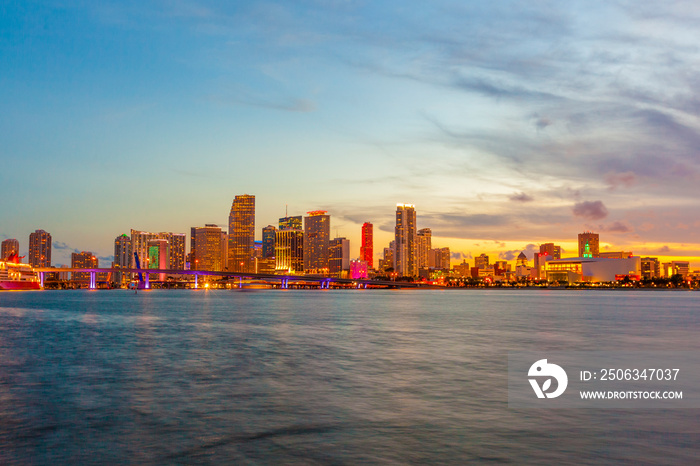 Miami city skyline panorama at dusk