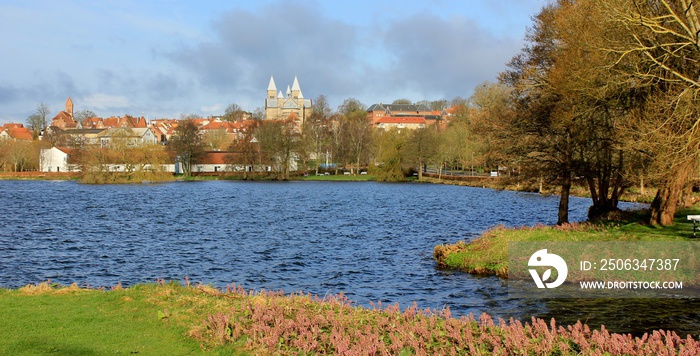 View of the city of Viborg, and Viborg Cathedral, seen from the lake; Soendersoe, (Søndersø) Jutland