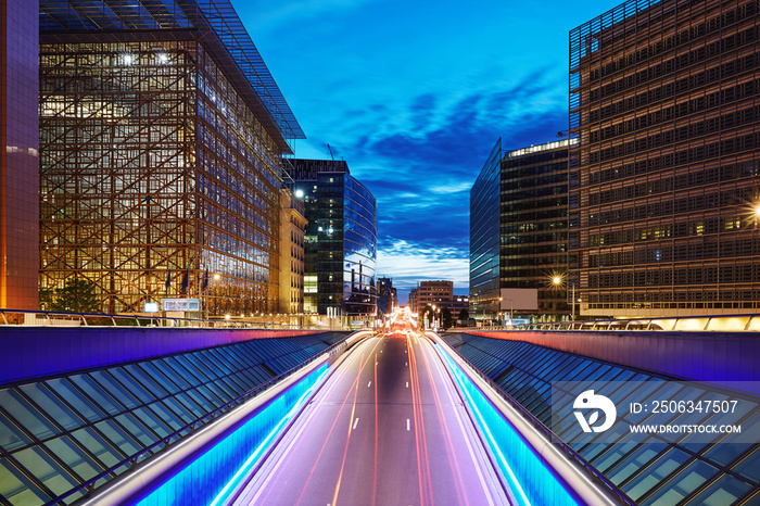 Long exposure shot of a central street at blue hour