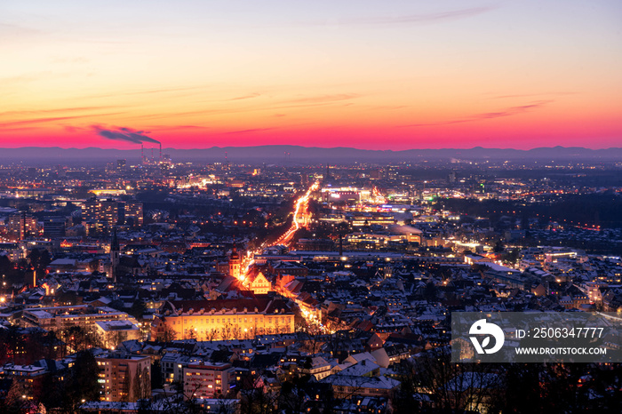 aerial view of the city Karlsruhe at sunset in winter