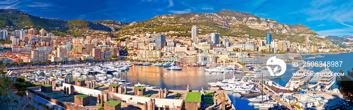 Monaco and Monte Carlo cityscape and harbor colorful panoramic view