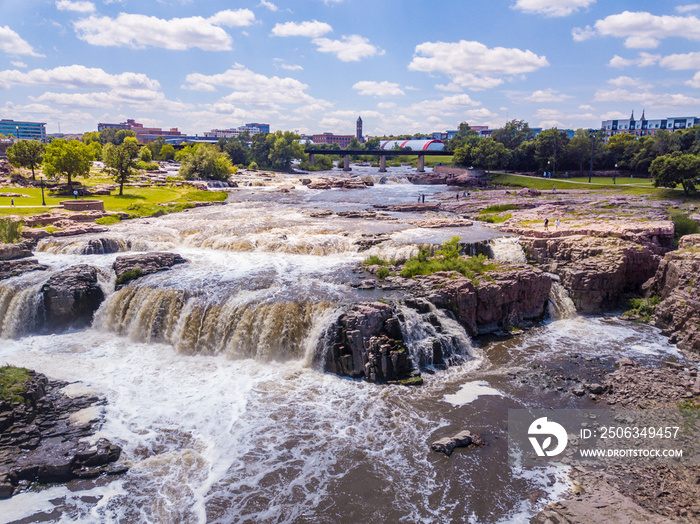 Low aerial view of the waterfall in Sioux Falls, South Dakota’s largest city.