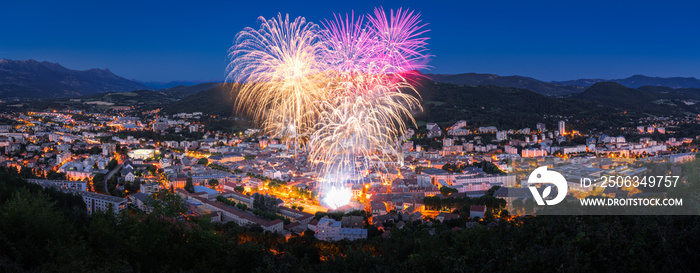 The city of Gap with July 14th Fireworks (Bastille Day celebration) in the Hautes-Alpes in Summer at
