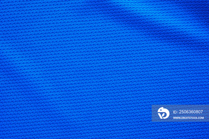 Blue football jersey clothing fabric texture sports wear background, close up top view