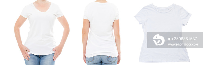 lady in t-shirt set - front and back view copy space, white empty T shirt close up background