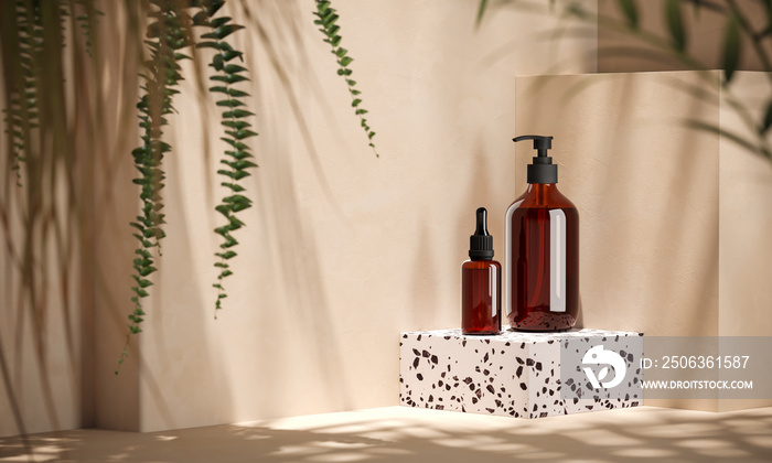 白色水磨石平台上的化妆品瓶，模糊了植物的前景。化妆品展示的背景
