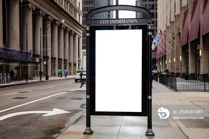 Blank billboard at bus stop for advertising, Chicago city buildings and street background