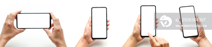 Female hand holding black smartphone with blank screen isolated on white background.