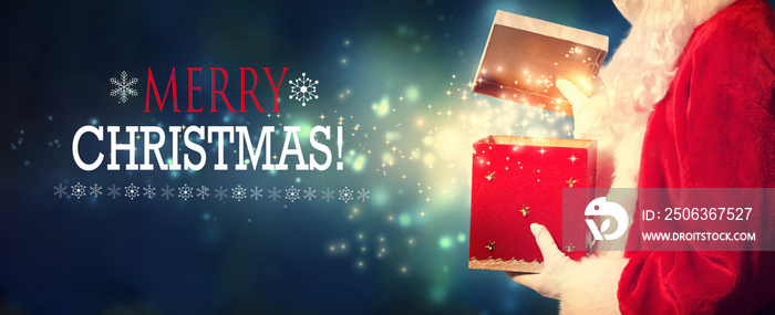 Merry Christmas message with Santa opening a gift box on a shiny light background