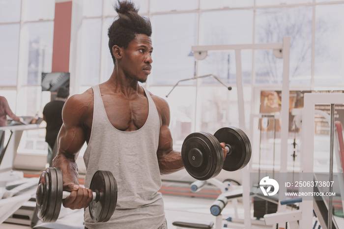 Handsome African sportsman looking focused, lifting heavy dumbbells at the gym. Attractive male athl