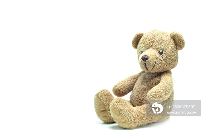 Brown teddy bear sitting on white background.