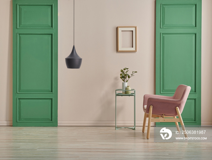 Green door, lamp, frame and coffee table background style.