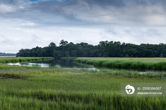 Orange crab buoy floats in the waterway of a salt marsh, early morning Mount Pleasant South Carolina