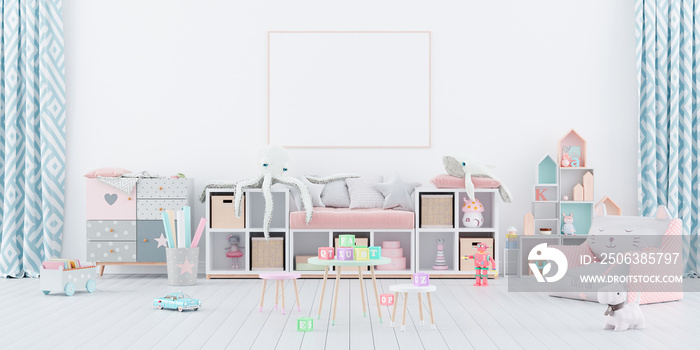 White Childrens room with pastel colors details 3d render 3d illustration