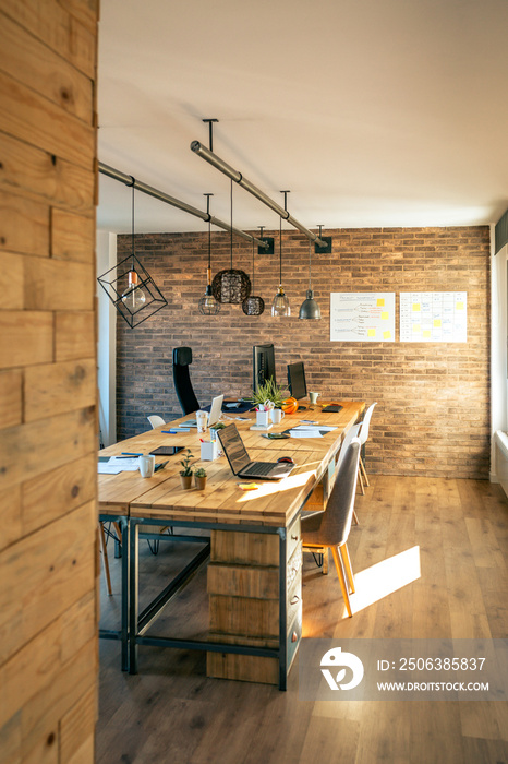 Interior of industrial style coworking office with various workplaces