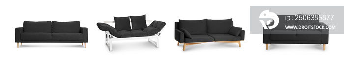 Set of modern black sofas on white background