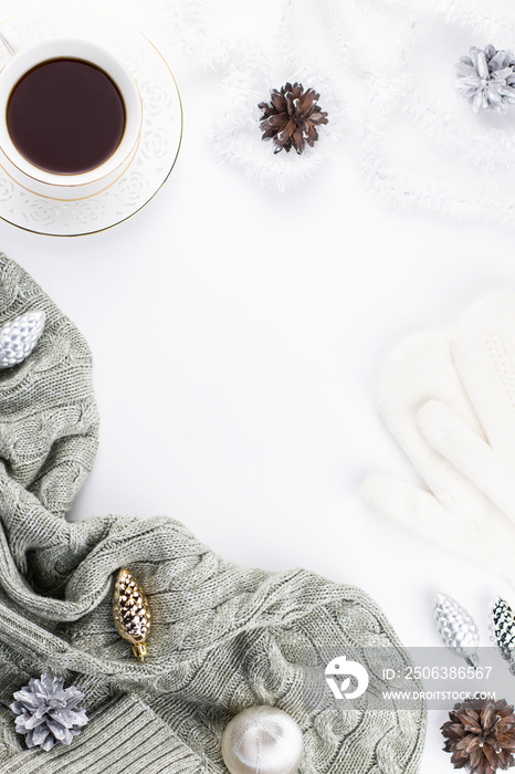 Christmas mood composition with Christmas sweater, hat, hot drink, decorations. Winter concept flat 