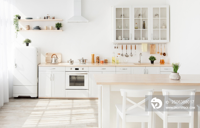 Light kitchen furniture after renovation. Kitchenware and plants on shelves, chairs and table in sca