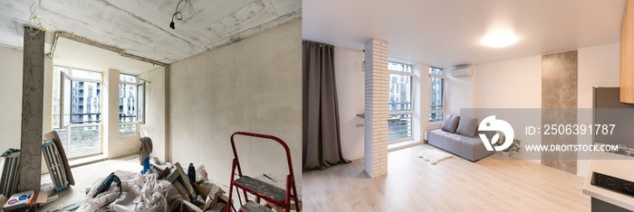 Room with unfinished walls and a room after repair. Before and after renovation in new housing.