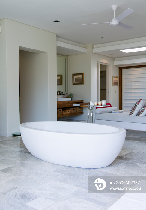 Soaking tub in luxury bathroom