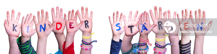 Children Hands Building Colorful German Word Kinder Staerken Means Strengthen Children. White Isolat