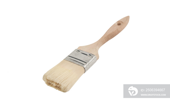 One new clean paint brush with wooden handle and synthetic hairs isolated on white background