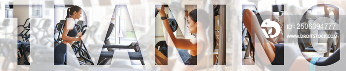 Fitness life. Young sporty woman exercising at gym with an overlay of the word TRAINING. Panoramic b