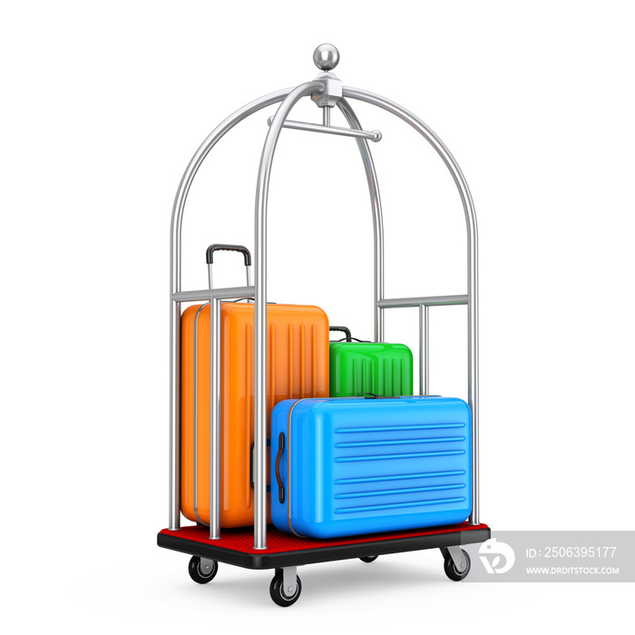 Large Multicolour Polycarbonate Suitcases in Silver Luxury Hotel Luggage Trolley Cart. 3d Rendering