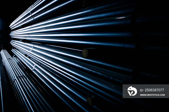 View of steel tubes in warehouse