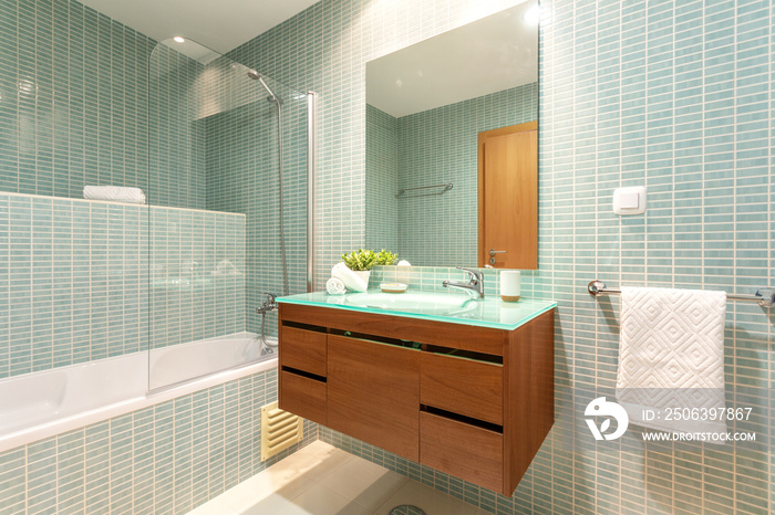 Modern bathroom with shower and washbasin for hygiene.