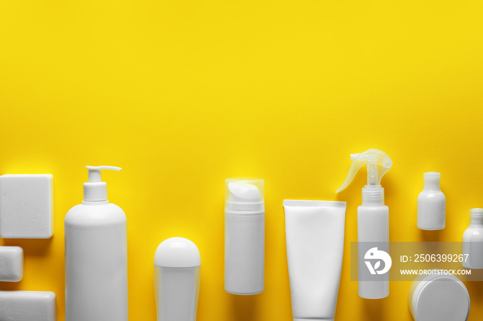 Cosmetics for personal hygiene on color background