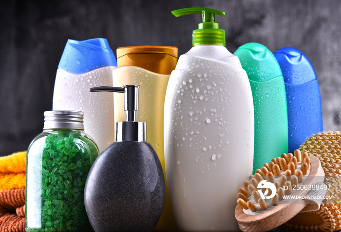 Plastic bottles of body care and beauty products