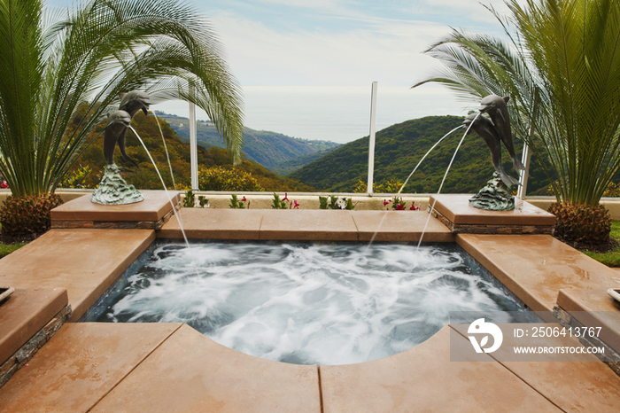 High angle view of pool and fountain