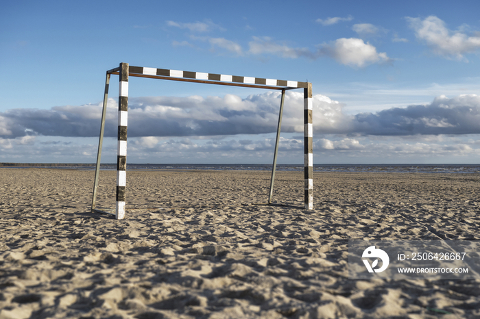 A black and white painted goal on the sand at the beach resort of Parnu