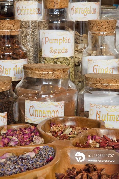 Herbs, flowers and seeds used for natural healing in an apothecary shop