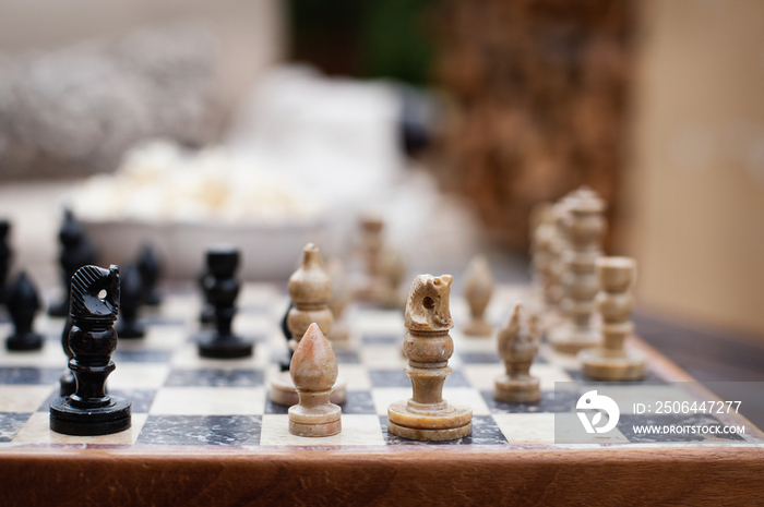 Close-up of cropped chess game against blurred background; Rancho Sante Fe; USA