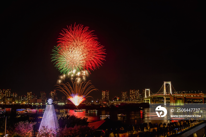 Fireworks over Tokyo bay at night in Japan