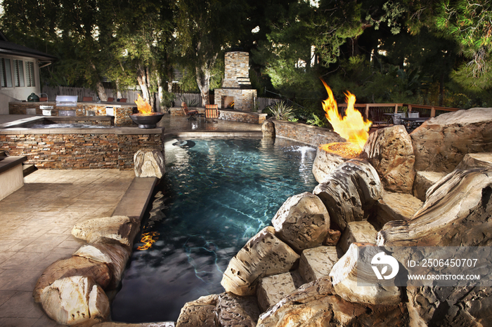 Patio with pool and fireplace