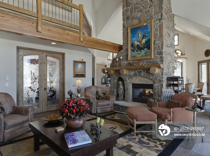 Stone fireplace in living room