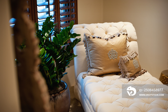 Close-up of throw pillows on chaise lounge at home; Scottsdale; USA