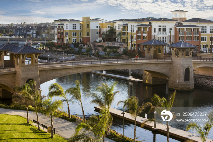 Residential buildings and bridge; Oxnard; California; USA