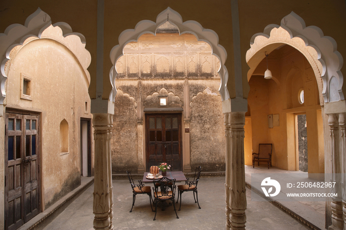 Courtyard, located just outside of Maharani suite, at Neemrana Fort Palace in Rajasthan, India