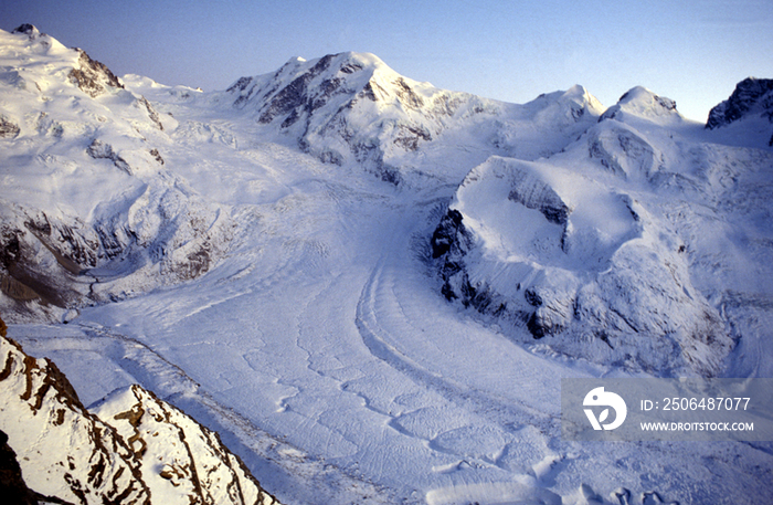 Switzerland, Zermatt. Mount Rosa glacier. Liskomm and Castor: Pollux