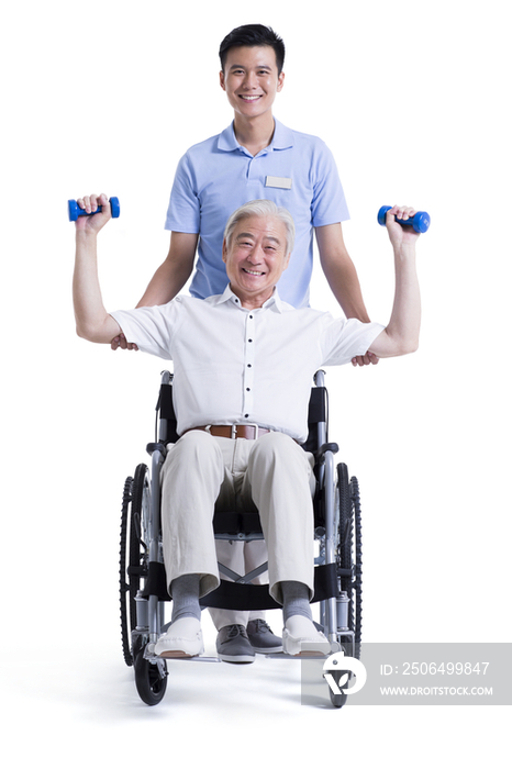 男护工帮助老人锻炼