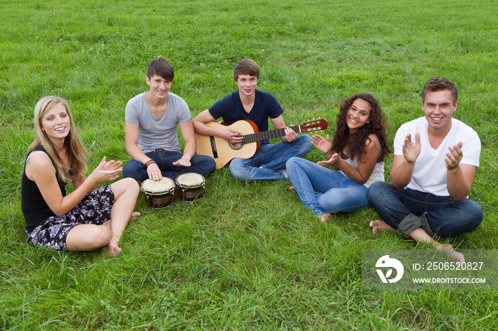 junge leute sitzen im gras und musizieren