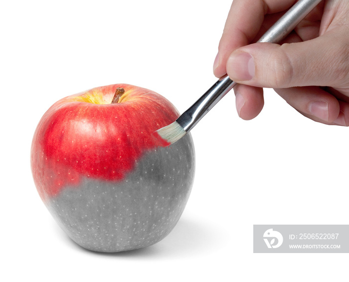 Male hand painting a fresh red wet apple