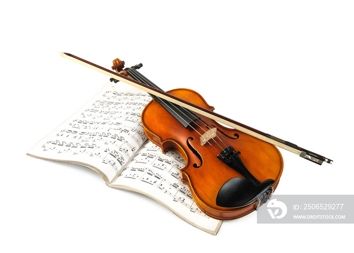 Violin and fiddle stick over score isolated on white