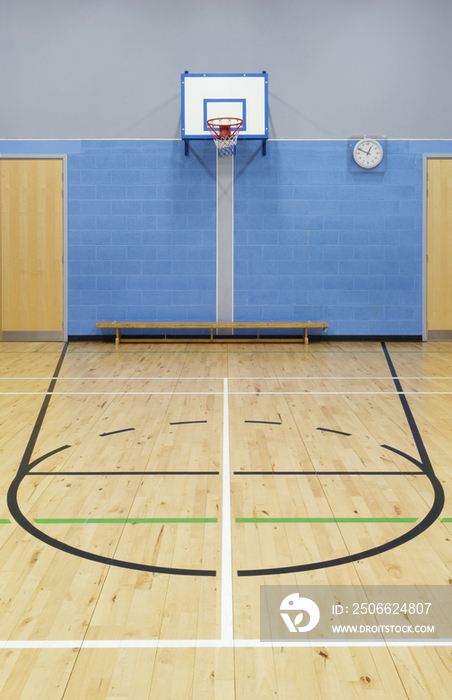 Basketball court markings and hoop in the sports hall of a modern secondary school