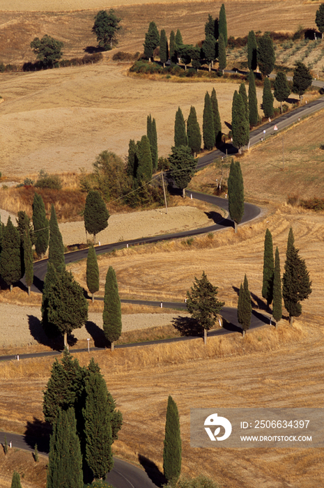 Europe, Italy, Tuscany, narrow street near Montichiello